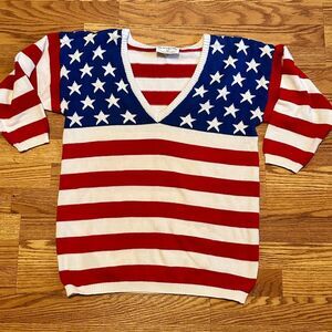 Vintage American Flag V Neck Sweater 3/4 Sleeve Women's  Made in USA 100% Cotton